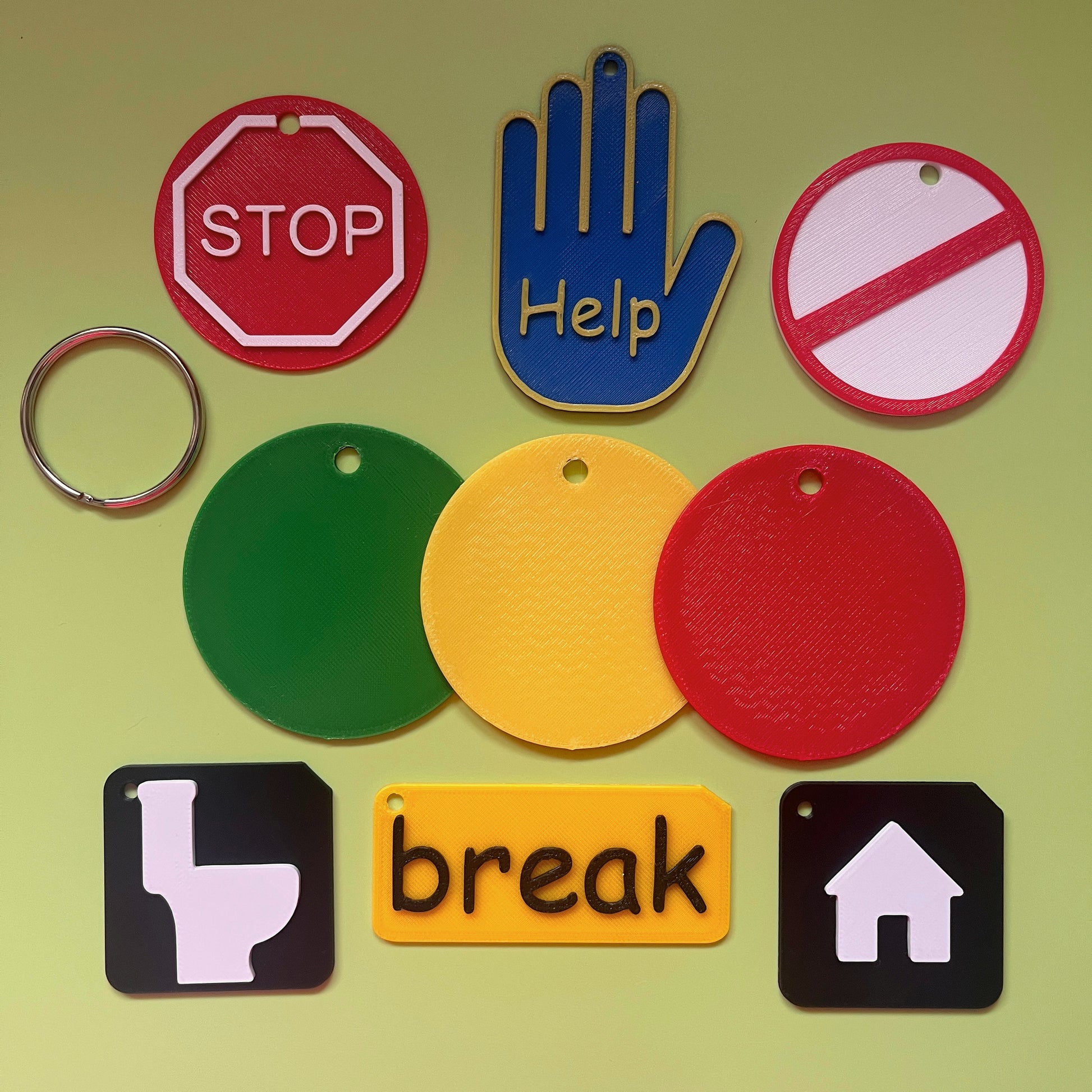 Full ASD Lanyard Support Set laid out showing all tactile symbols and traffic light discs for SEND communication