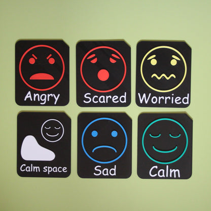Large emotion tactile tiles from the Calm Space Support Set showing raised feeling symbols for SEND and AAC communication support