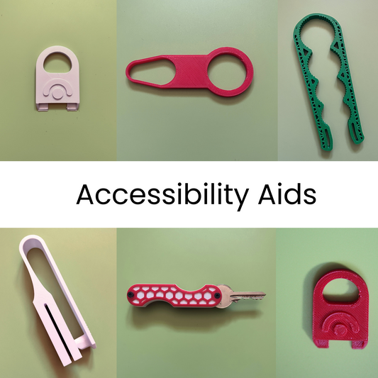 All Tactile Tiles accessibility aids shown together including can opener key turner button fastener jar opener and pill popper aids