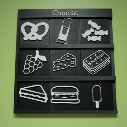 3x3 choose board with mealtime tactile tiles for SEND and AAC food choice support