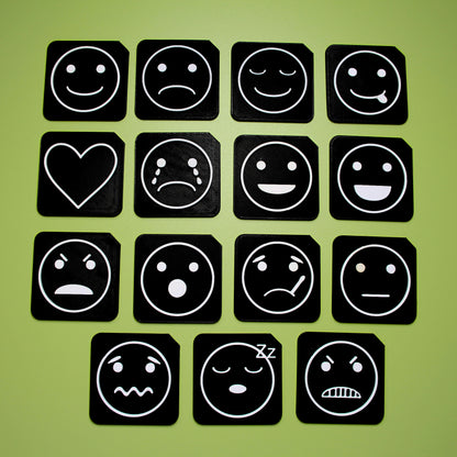 Full Feelings Communication Set showing 15 3D printed tactile emotion tiles for SEND AAC and VI learners