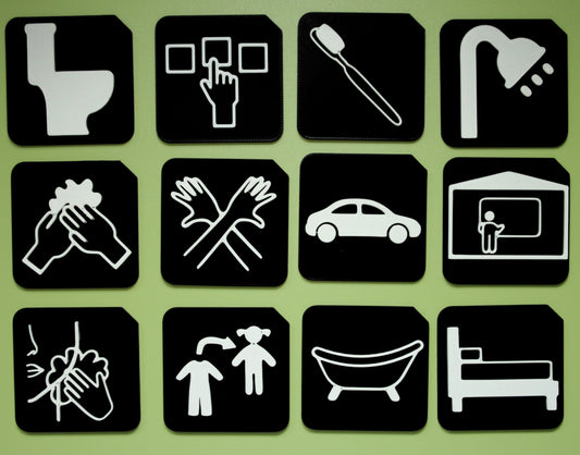 Home Routine Independence Set showing 12 tactile tiles for daily routine support for SEND learners
