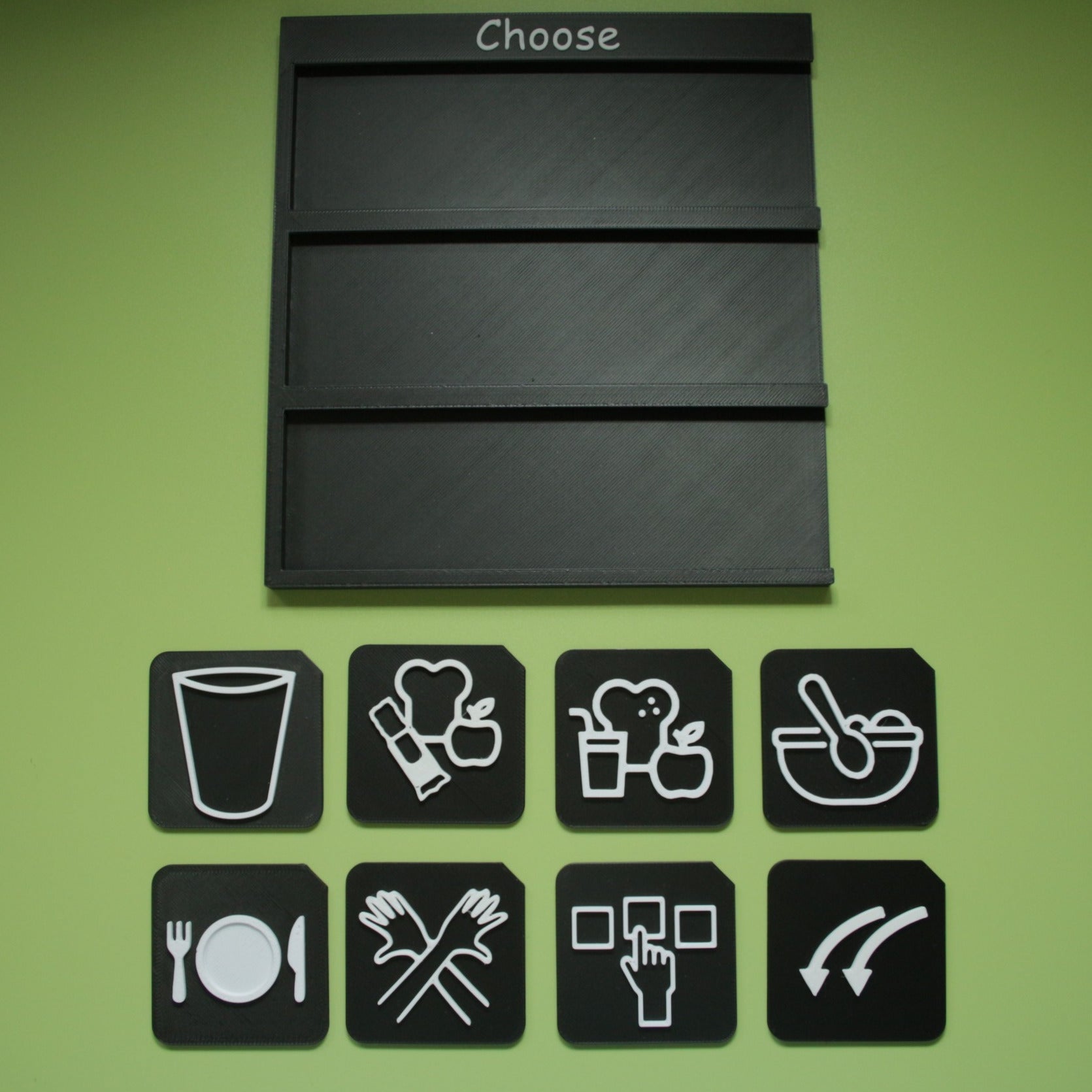 Mealtime tactile tile set with choose board showing food communication support layout