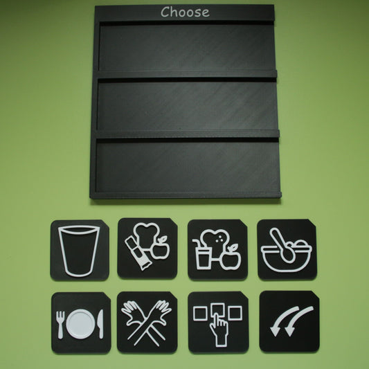 Mealtime tactile tile set with choose board showing food communication support layout