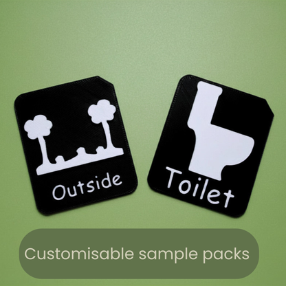 Vocabulary sample pack showing tactile tile with raised symbol and printed word for AAC and SEND support