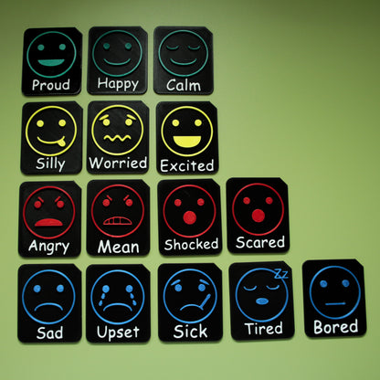 Zones of Regulation colour coded Feelings Set showing 15 multicoloured 3D printed tactile emotion tiles