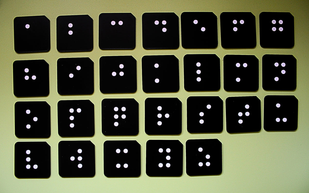 Full pre-braille alphabet tactile tile set showing all 26 lowercase letter tiles for VI and SEND learners