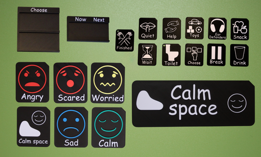 Full Calm Space Support Set showing all tactile regulation tiles boards and calm space sign for SEND autism and VI learners