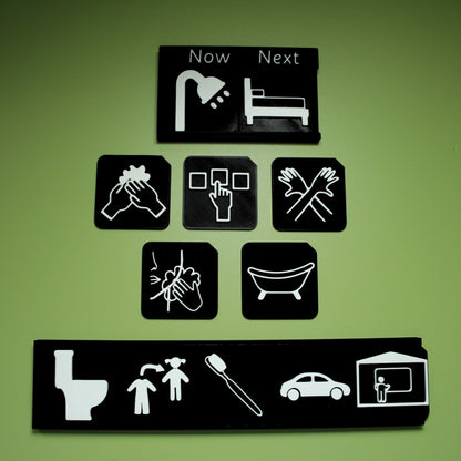 Home routine tactile tiles with boards showing morning and evening routine sequence